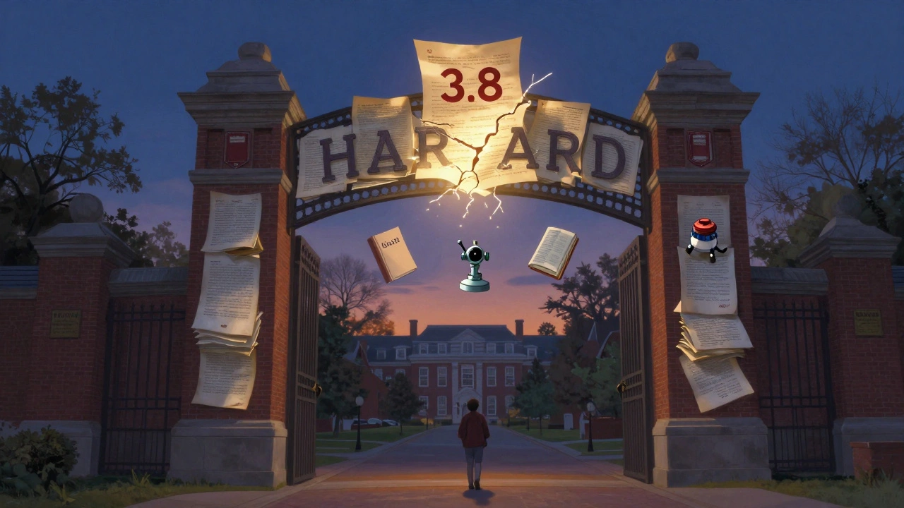 A glowing 3.8 transcript cracks a Harvard gate, radiating light over symbolic inventions and a distant campus.