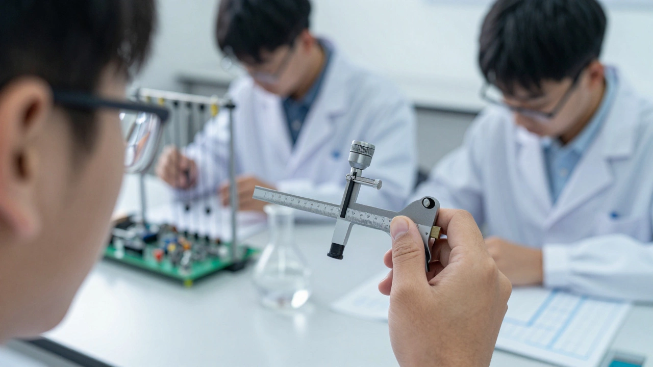 A student's hand using a micrometer in a physics lab, focused on a precise measurement.