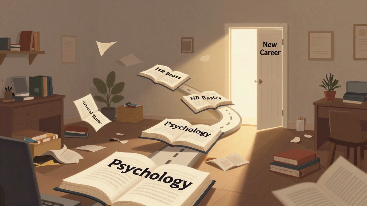 A symbolic path of floating course pages leading from a chaotic home to a bright new career door.