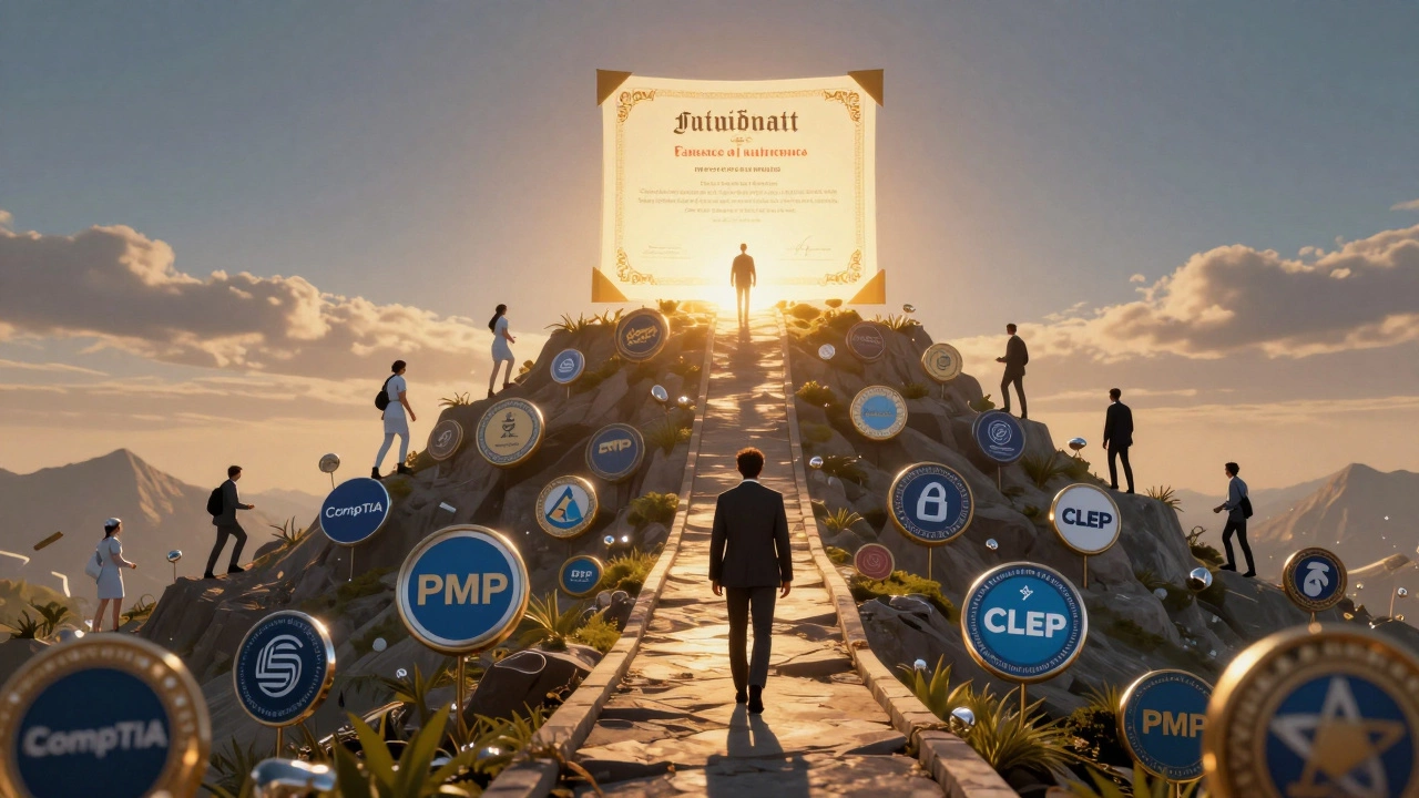 A symbolic path of professional badges leading to a glowing diploma under golden hour light.