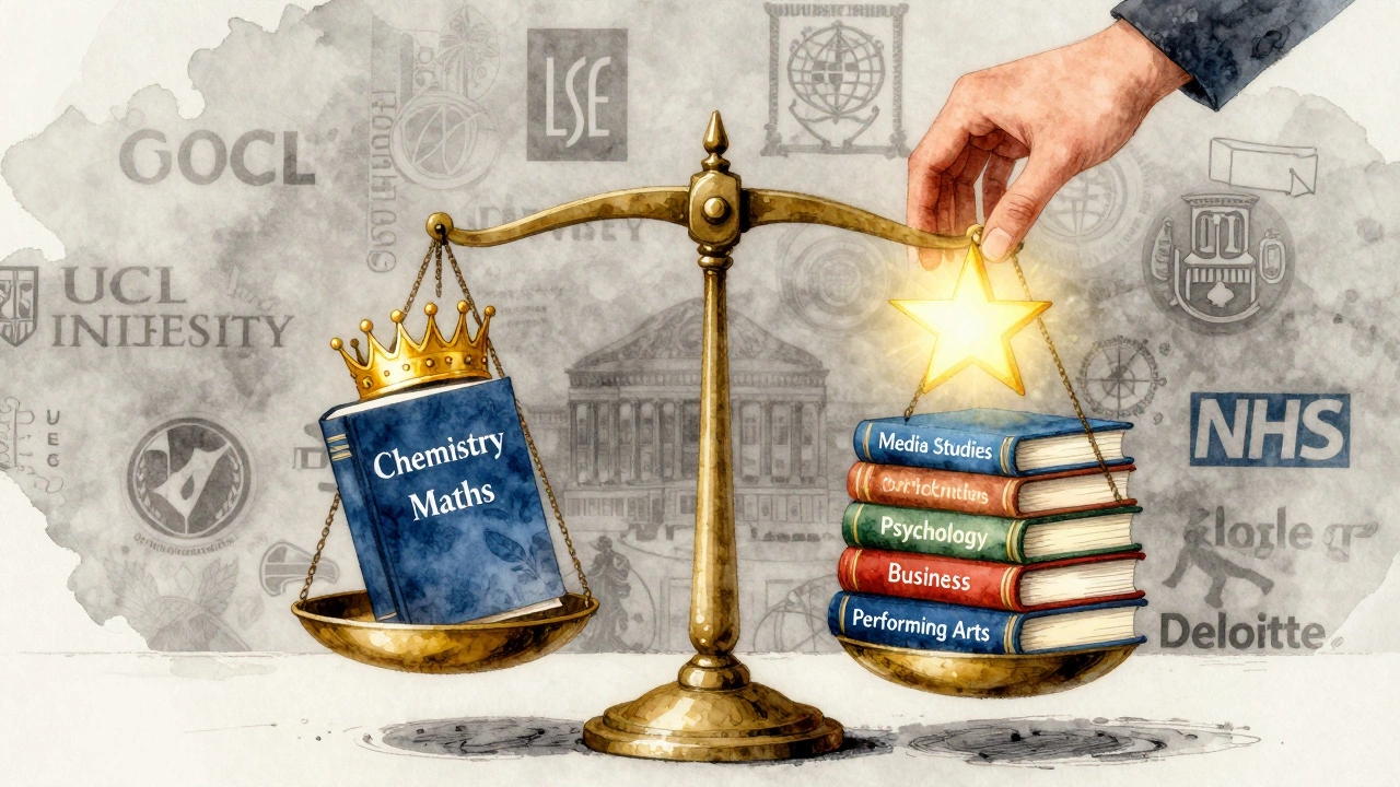 A symbolic scale balancing traditional academic subjects against misunderstood A levels, glowing with light.