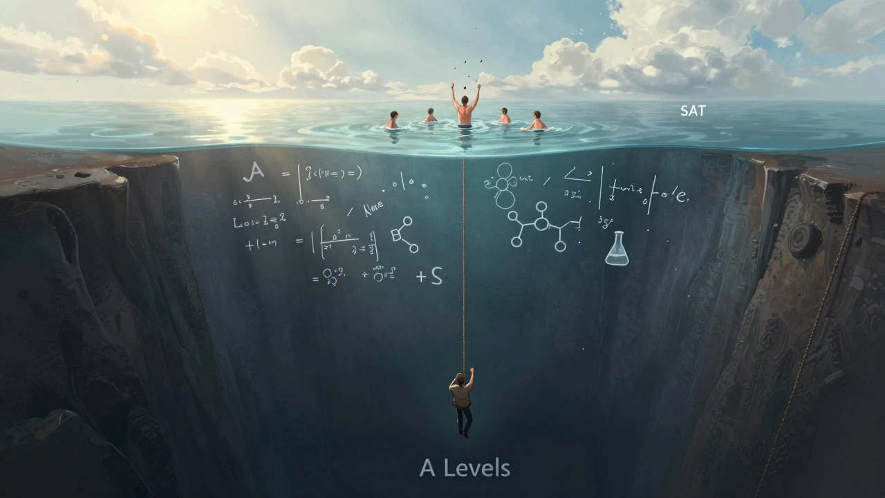 A symbolic well representing deep A-level study versus a shallow lake representing the SAT.