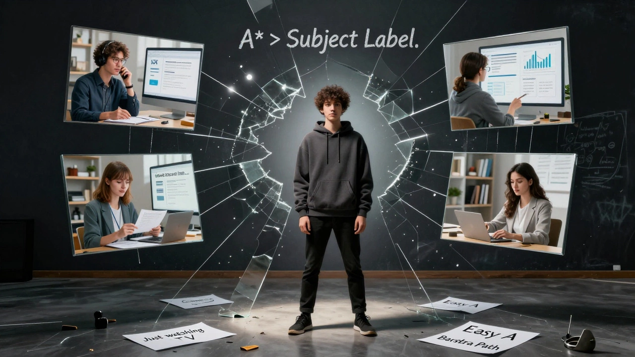 A young person standing before a shattered mirror reflecting diverse careers, with stereotypes on the floor.