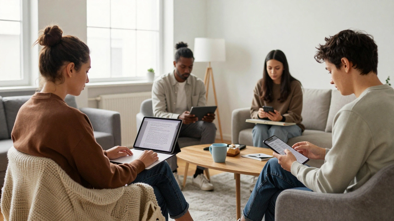 Adults learning online in cozy home settings, each engaged with different devices and study materials.