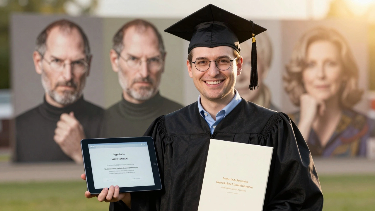 An adult holding a diploma with text-to-speech software nearby, smiling at graduation.