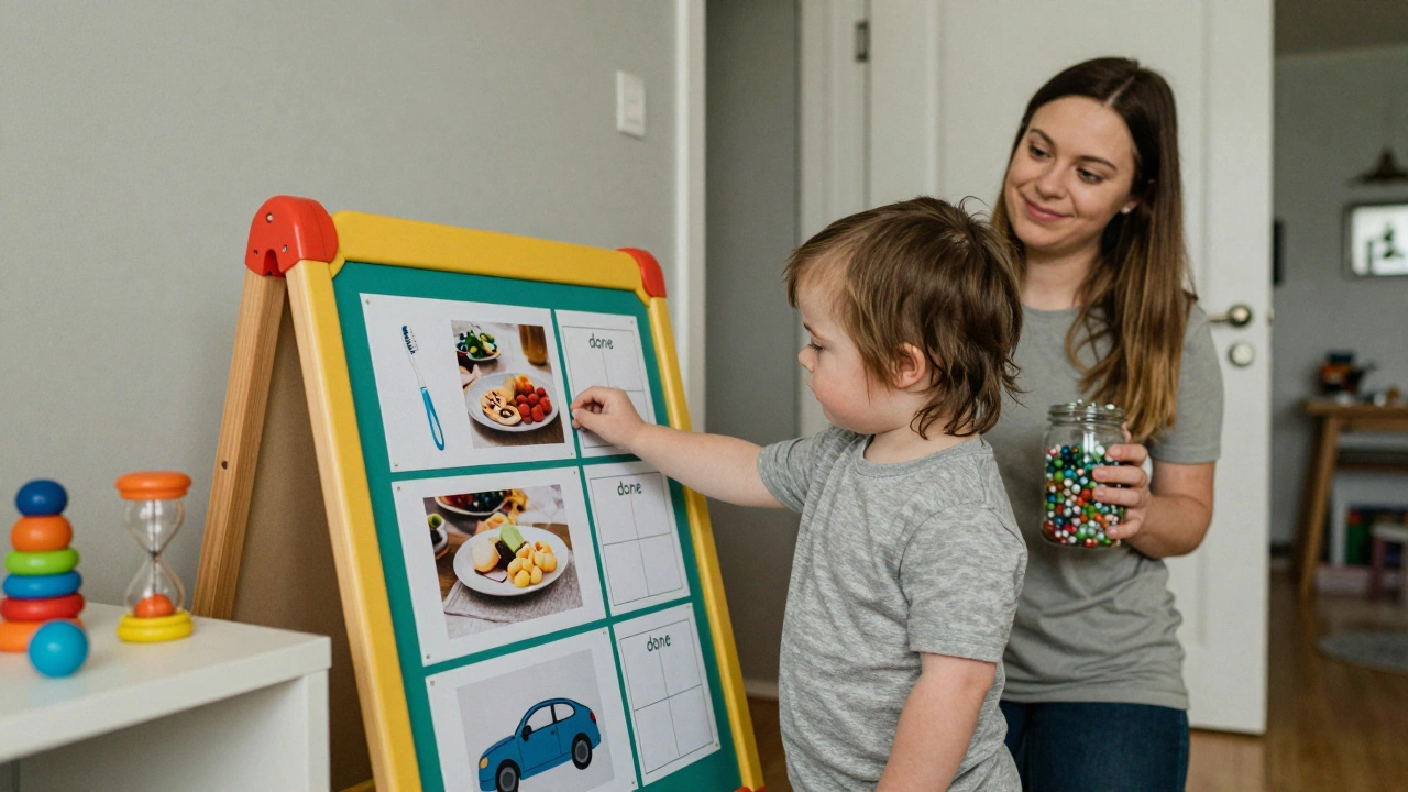 Child placing a sticker on a visual routine board with a marble reward jar nearby.