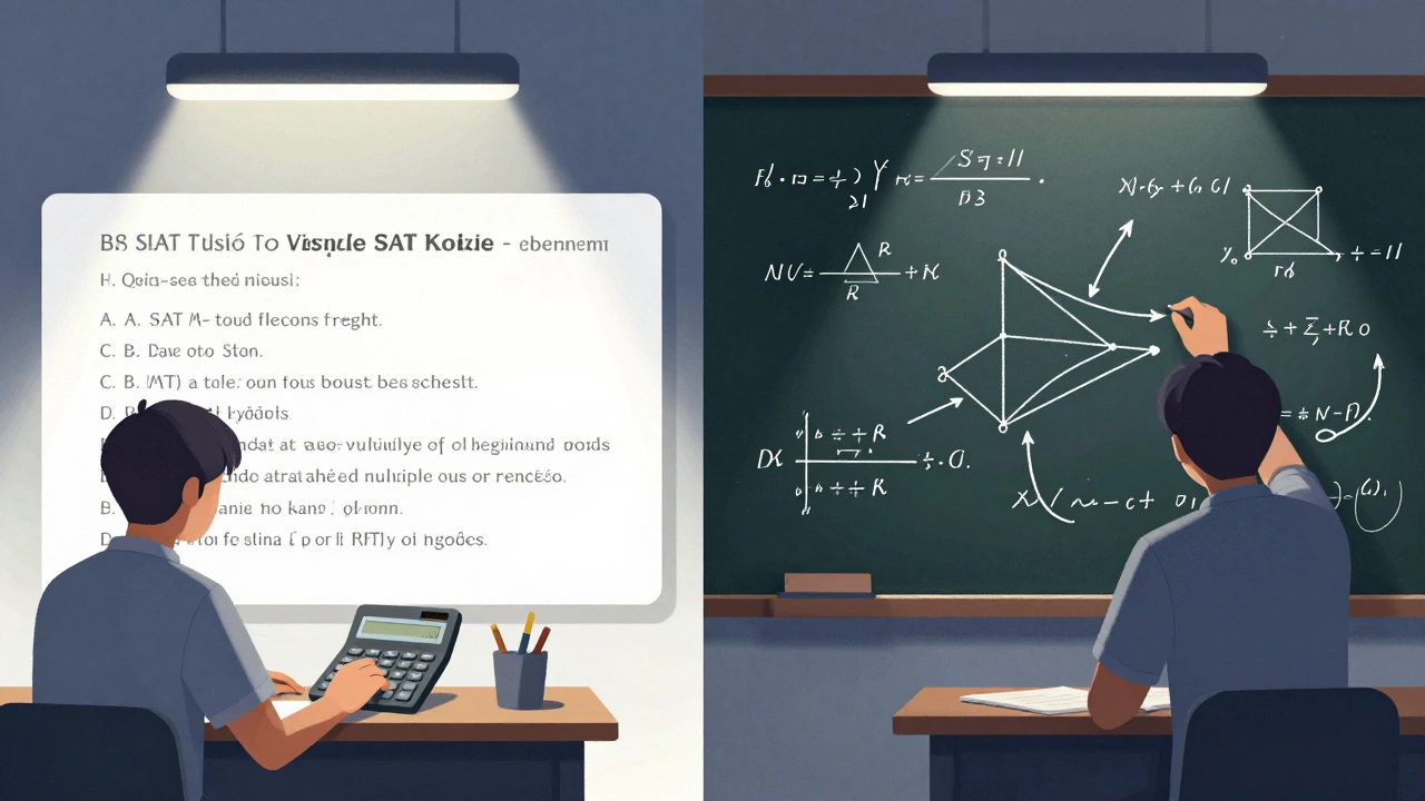 Contrasting scenes: SAT multiple-choice question vs. A-Level calculus proof on chalkboard.