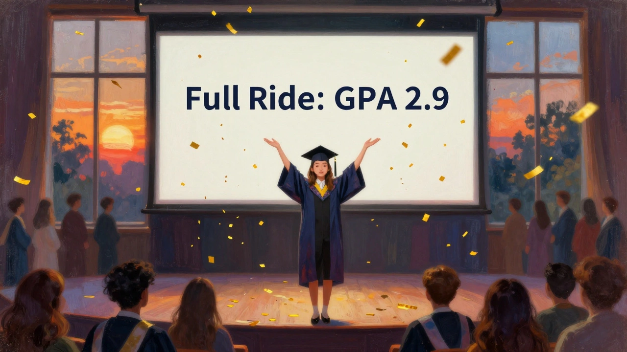 Graduating student celebrating a full scholarship despite a 2.9 GPA.