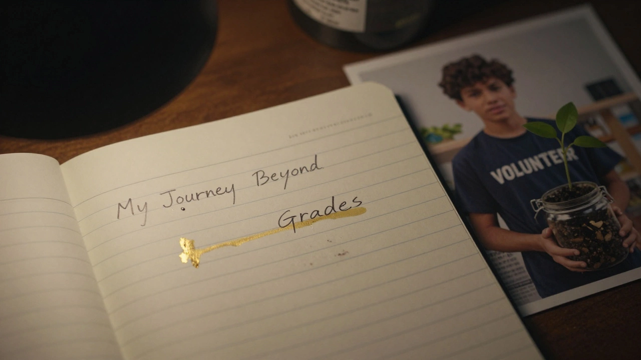 Handwritten essay about personal growth beside a photo of community volunteering.