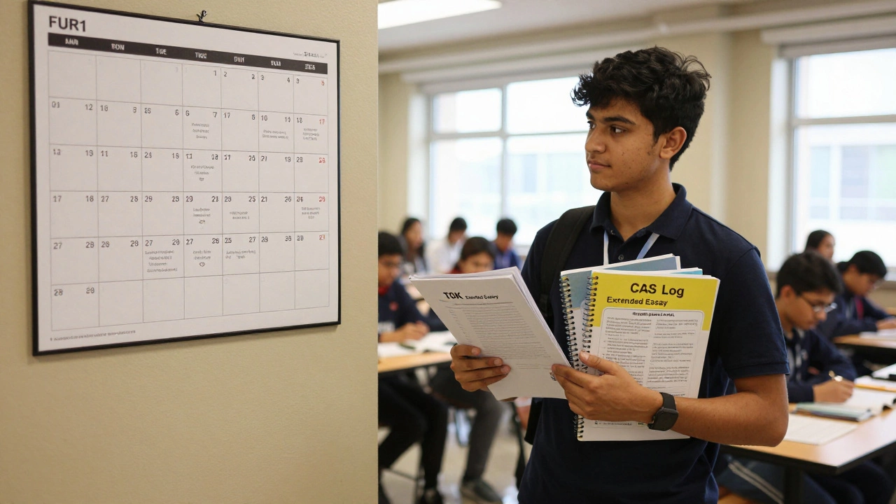 IB student surrounded by research binders and a deadline-filled calendar.