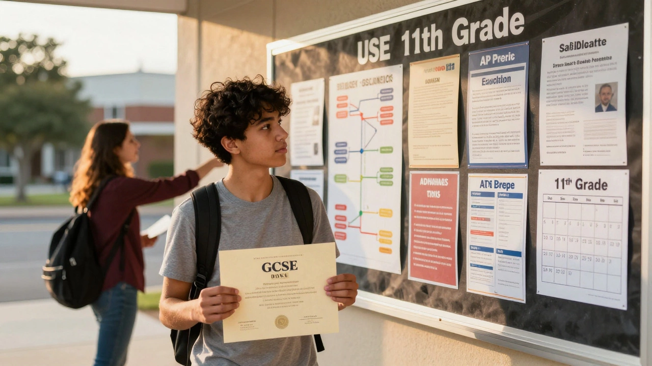 International student holding GCSE certificate outside a US high school with SAT and AP information.