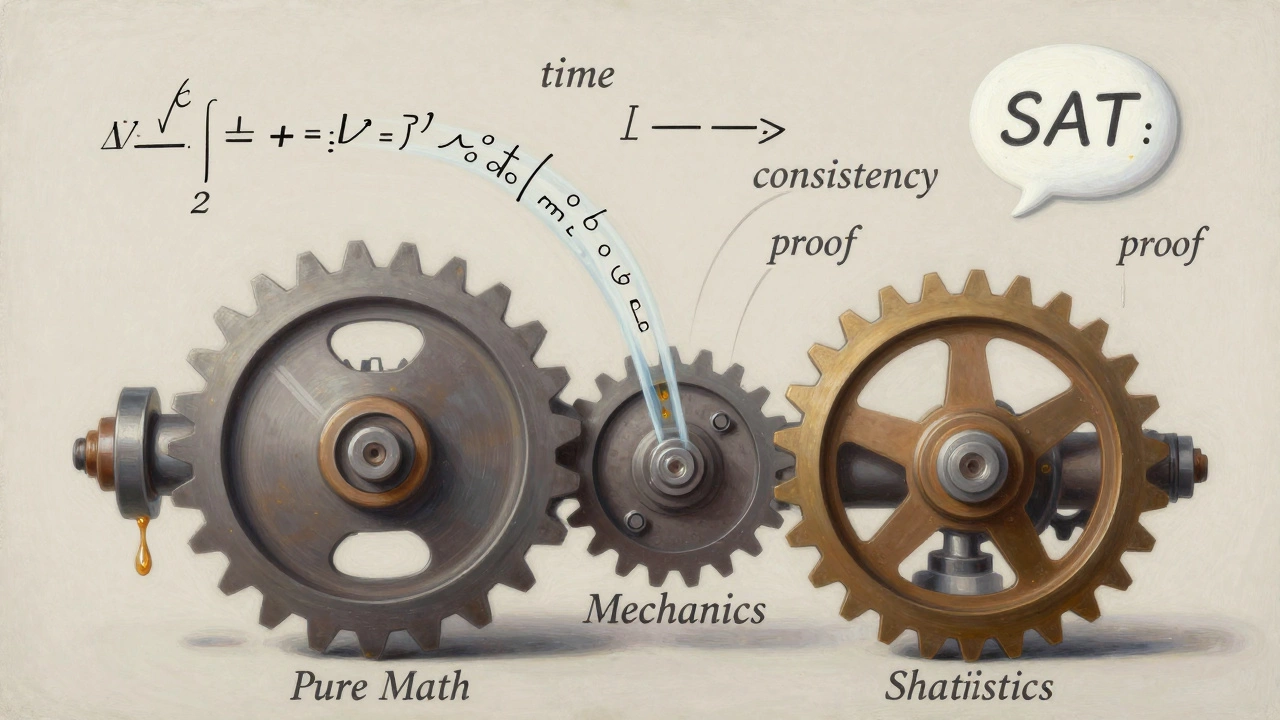 Mechanical engine powered by math concepts, with equations flowing through its gears.