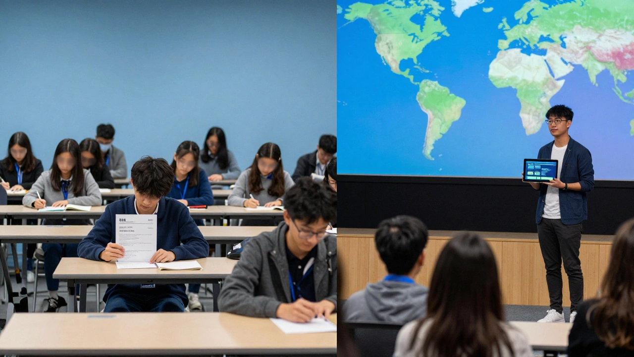 Split image: a student with a 3.8 GPA in a classroom versus presenting at a UN summit.
