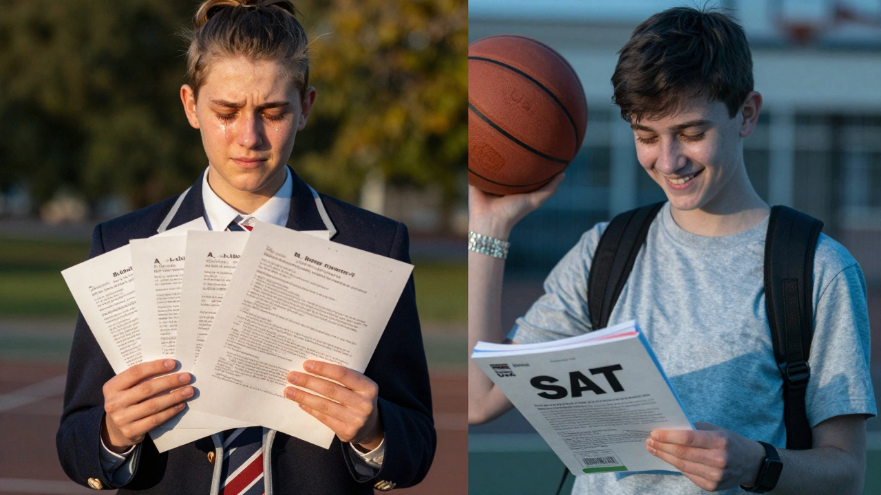 Split-screen comparison of a stressed A-level student and a relaxed SAT test-taker.