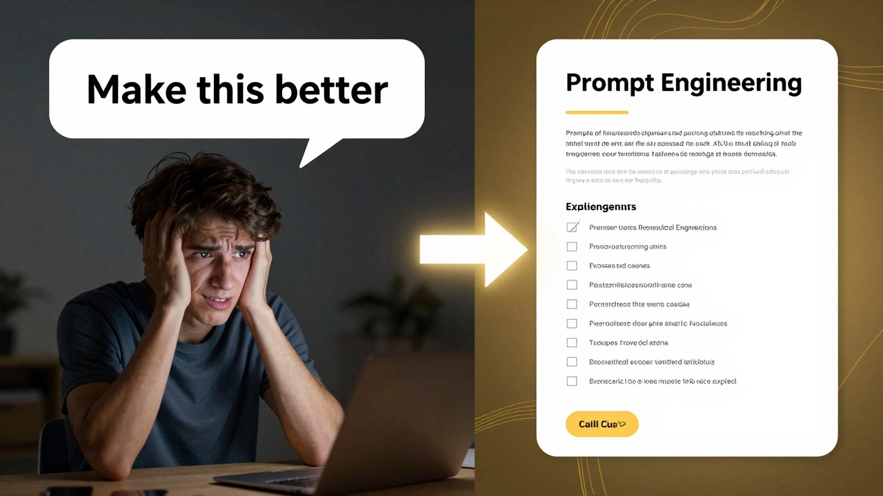 Split screen: generic AI output vs. precise, professional content generated by a well-crafted prompt.