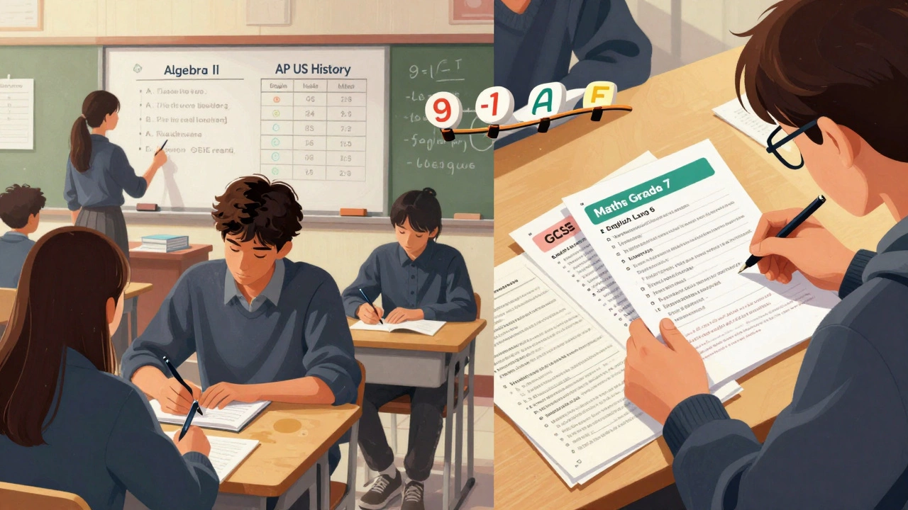 Split-screen showing a US student in class and a UK student reviewing GCSE revision cards.