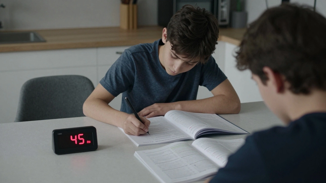 Student taking a timed past paper with clock and mark scheme on table