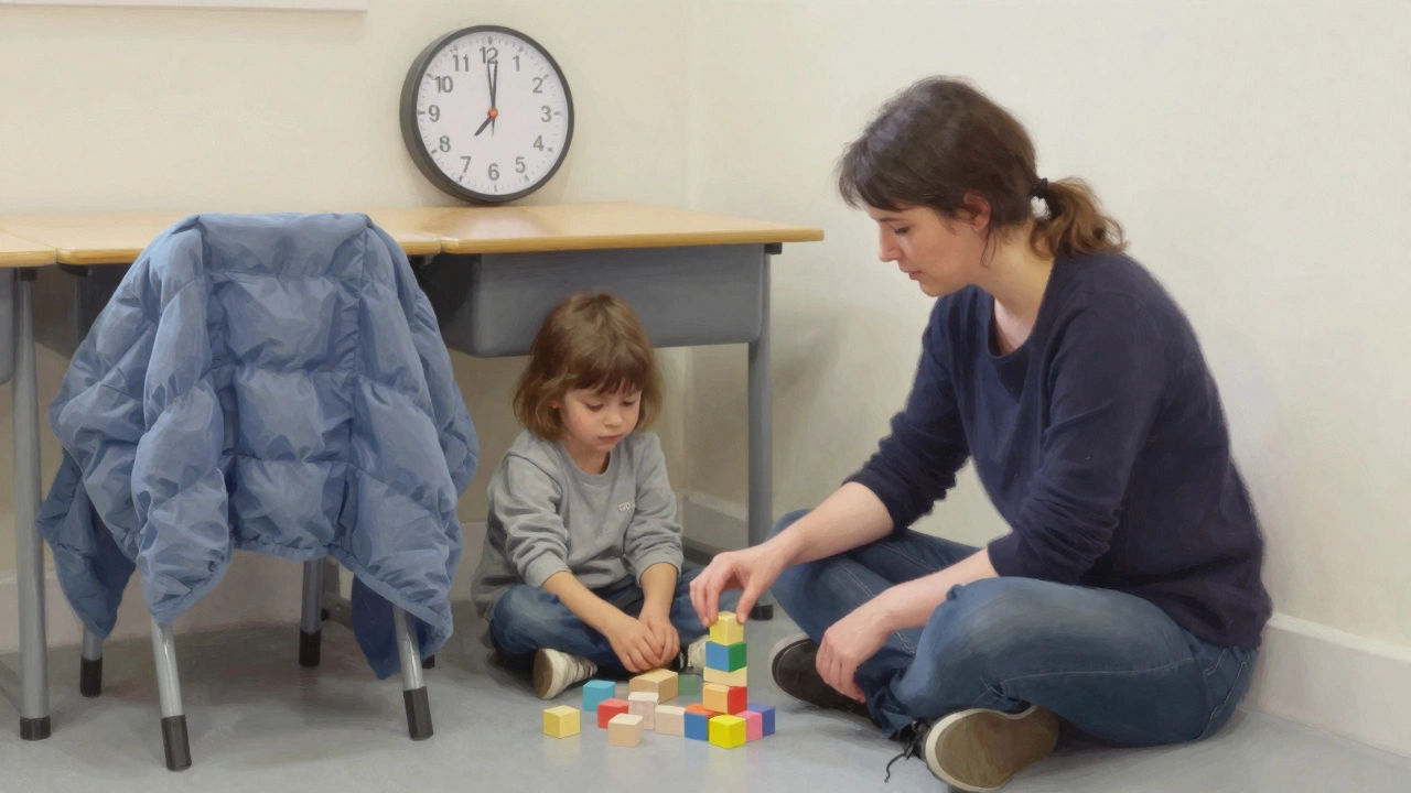 Teacher and child stacking blocks in quiet, calming classroom corner.