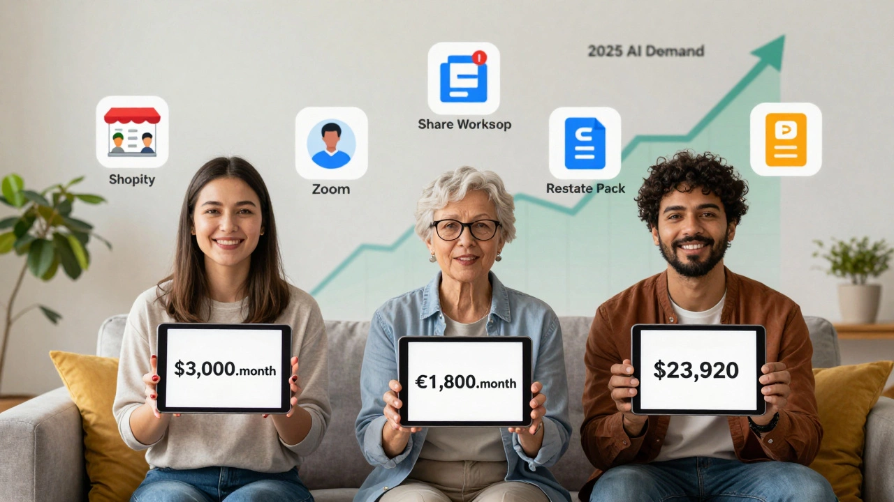 Three people holding tablets displaying their AI-powered incomes, with niche icons floating behind them.