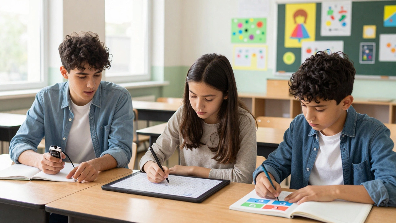 Three students successfully learning through visual aids, voice recording, and colored overlays in an inclusive classroom.