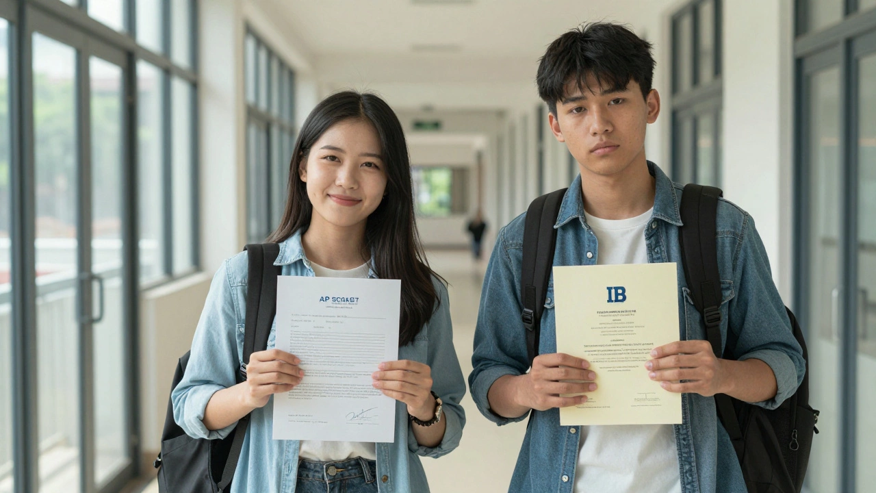 Two students in hallway holding AP score and IB diploma respectively.