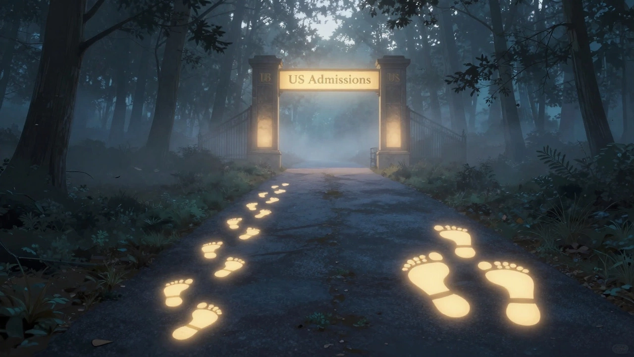 Two symbolic paths—IB and A-levels—converging at a university gate under dawn light.