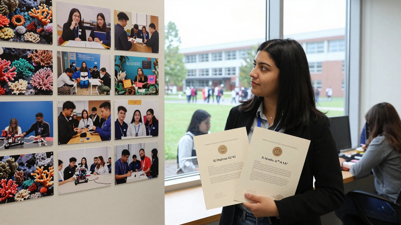 University admissions officer comparing IB and A-level transcripts while surrounded by student project photos.