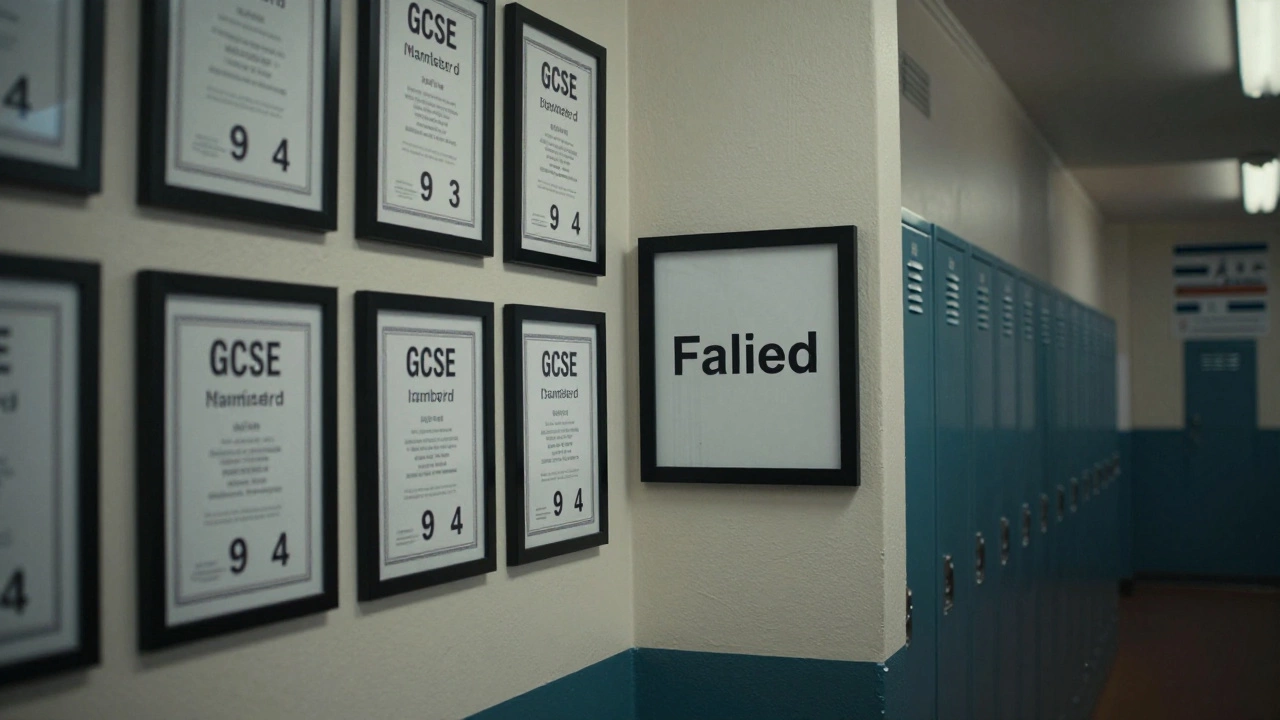 Wall of GCSE certificates with one failing grade displayed in a school hallway