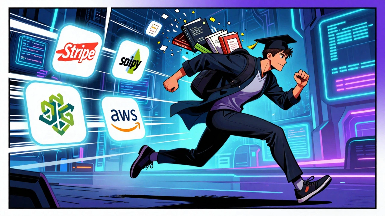 A graduate sprinting through a tech hub with floating tech company logos and code libraries trailing behind.