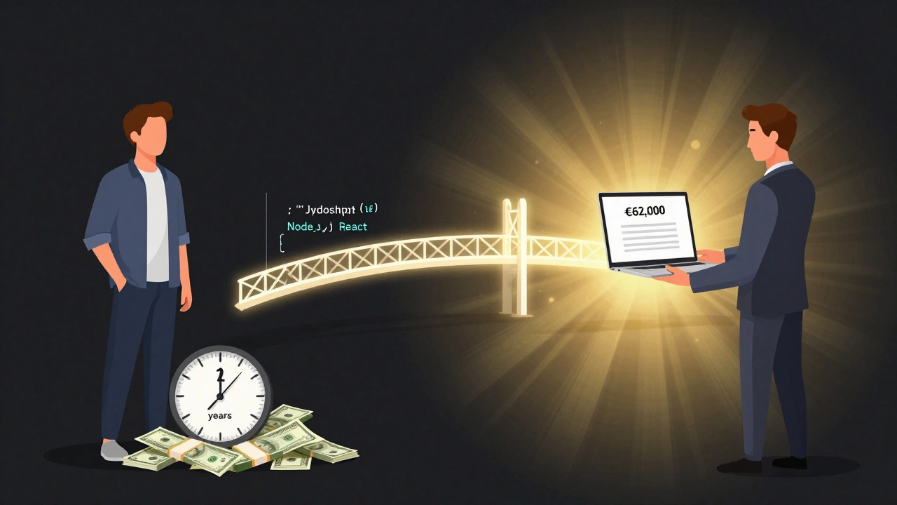 A person transforming from financial struggle to a high-salary tech job via a glowing bridge of code snippets.