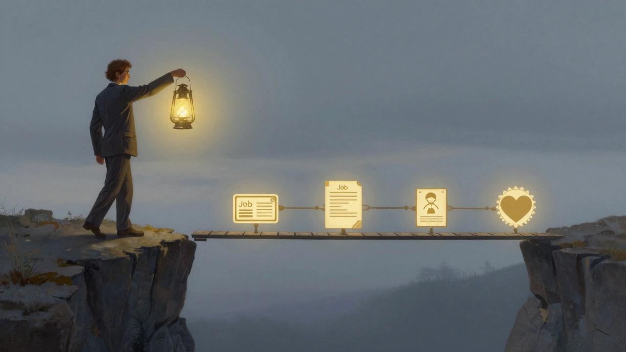 Adult learner stepping onto a bridge of life milestones with a glowing lantern.