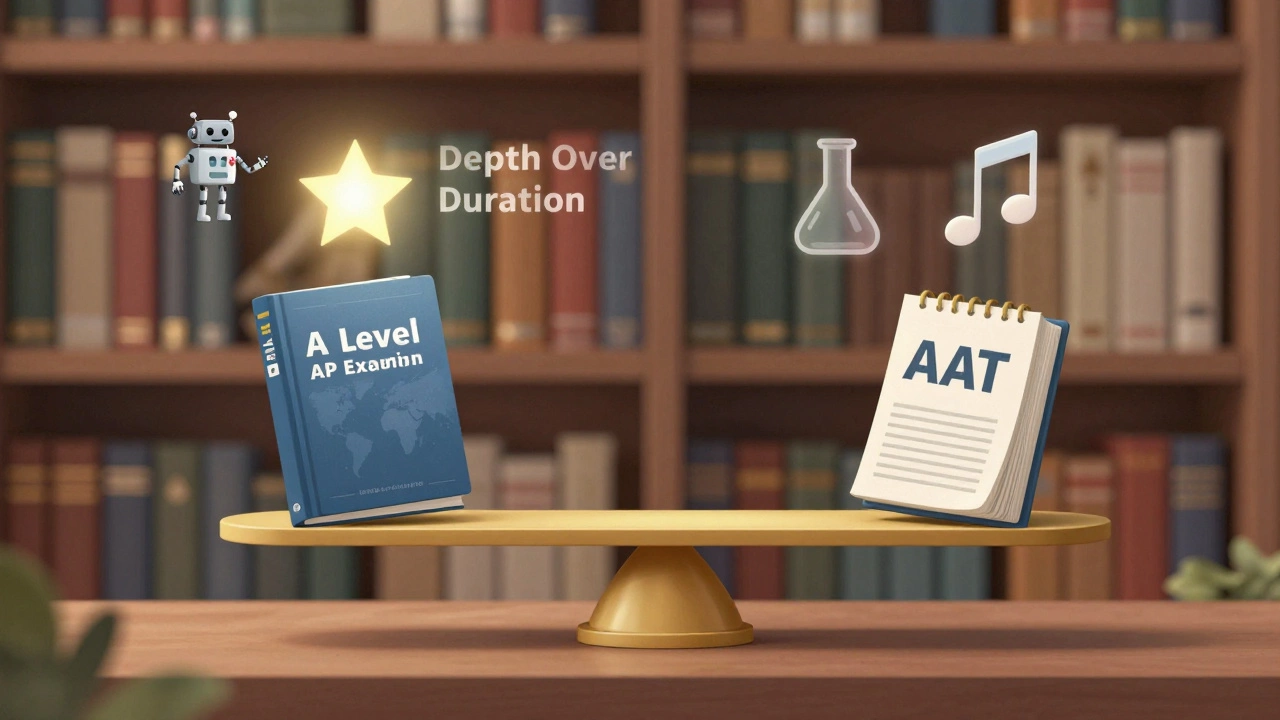 Balance scale comparing A levels and AP exams with academic icons floating above, symbolizing depth of study.