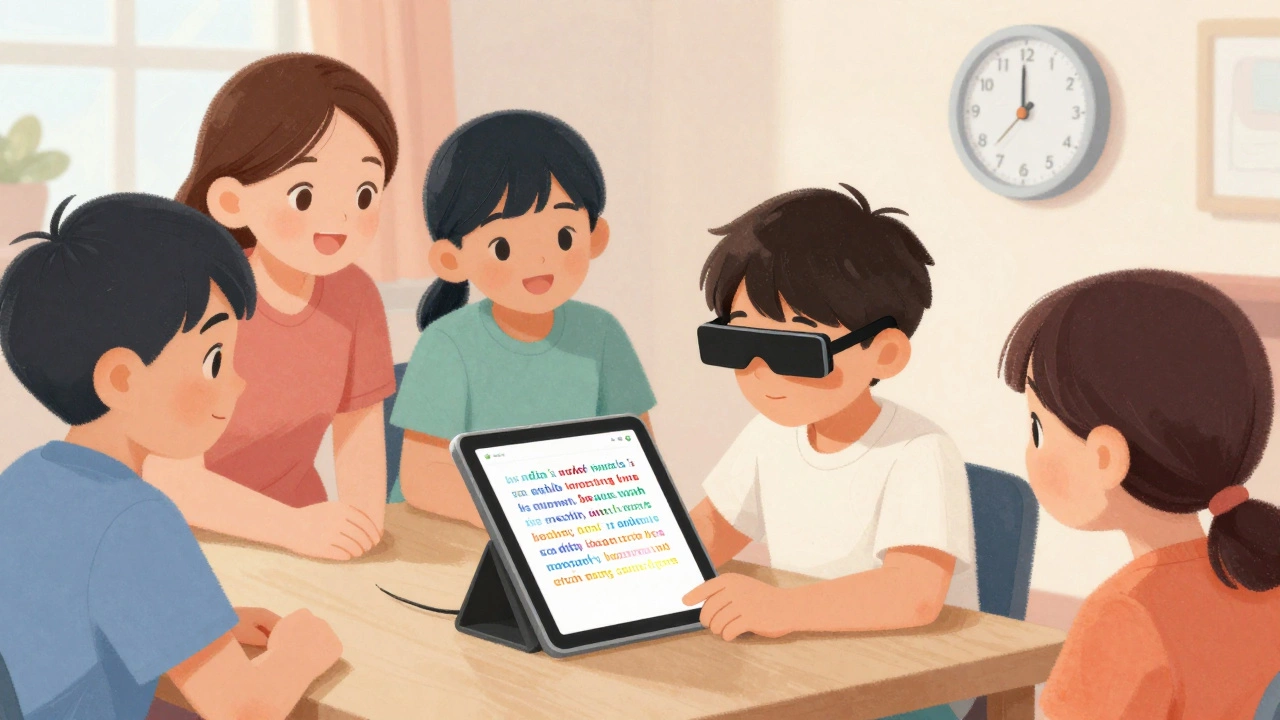 Child using eye-tracking tablet to write a story, classmates watching with smiles in a supportive classroom.