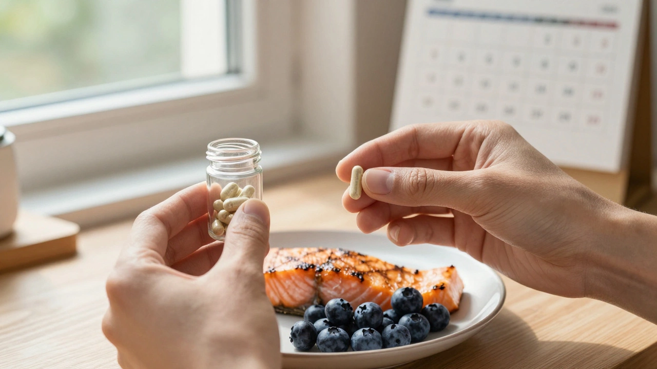 Hands holding Bacopa capsules beside salmon and blueberries on kitchen counter