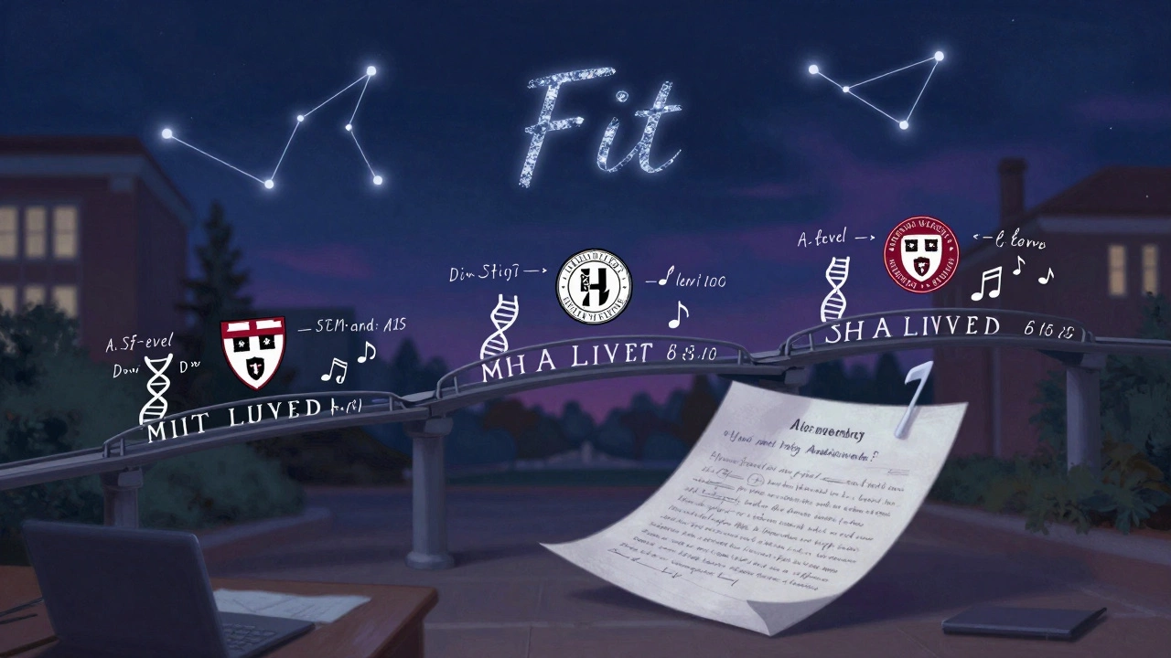 Handwritten personal statement turning into bridges to top U.S. universities, with subject-related symbols connecting them.