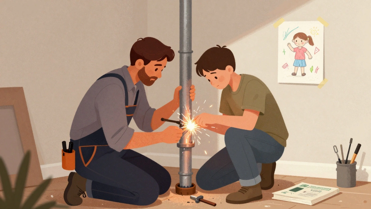 Middle-aged student learning to fix a pipe with a welding instructor.