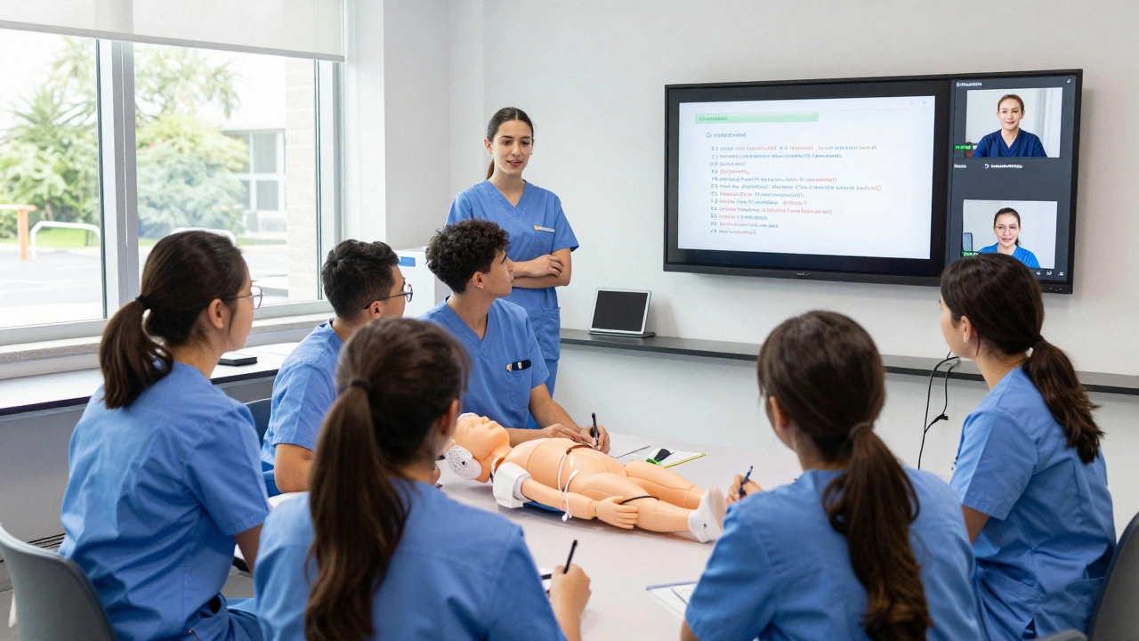 Nursing students practice clinical skills in a lab while reviewing online theory modules on digital tablets.