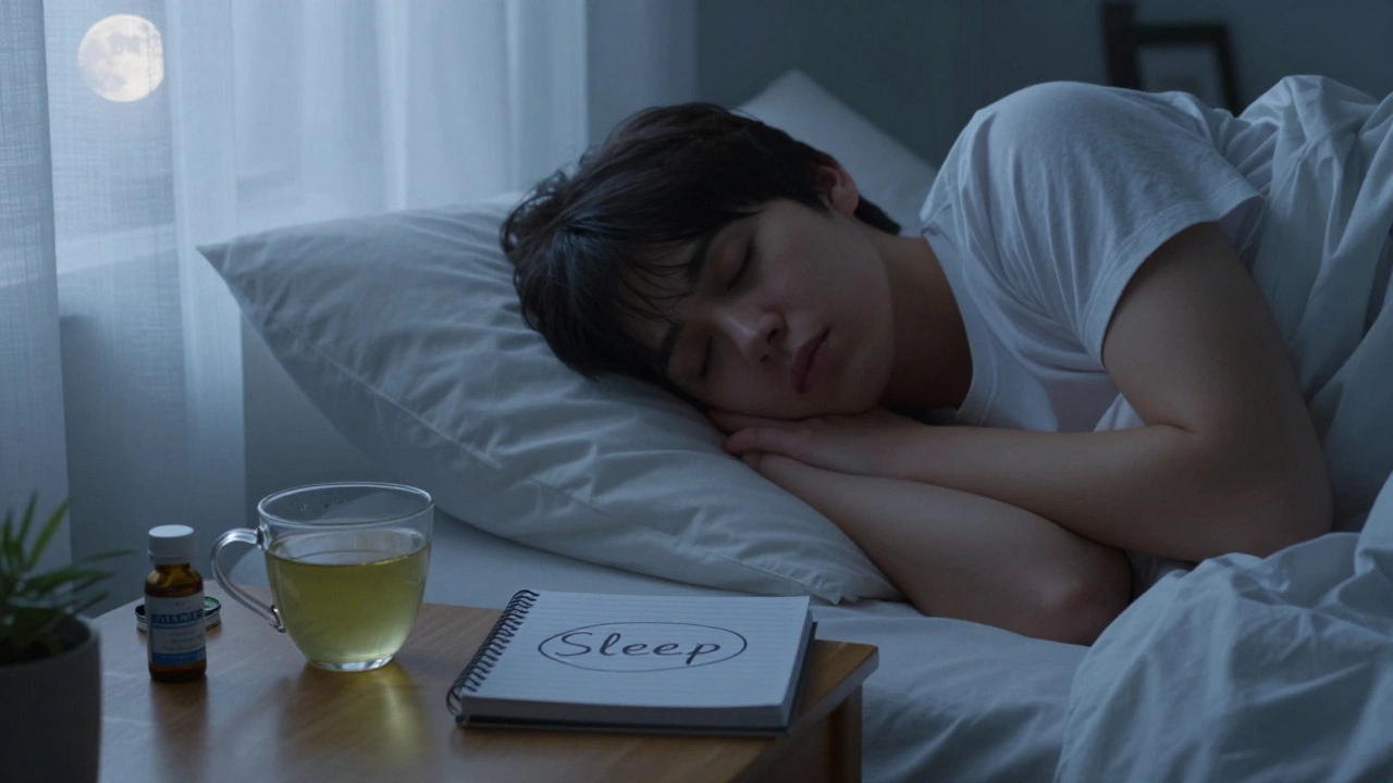 Person sleeping peacefully with green tea and ALCAR on nightstand under moonlight