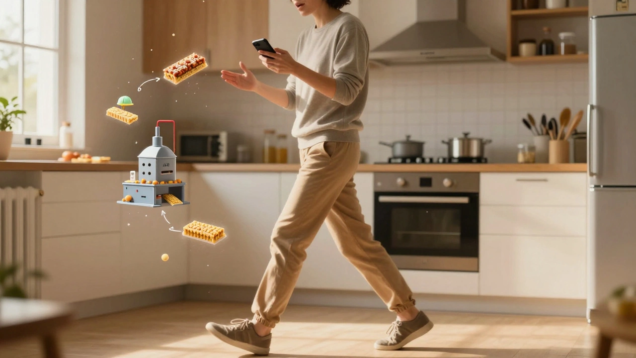 Person walking in kitchen while explaining a biological process with animated memory metaphors.