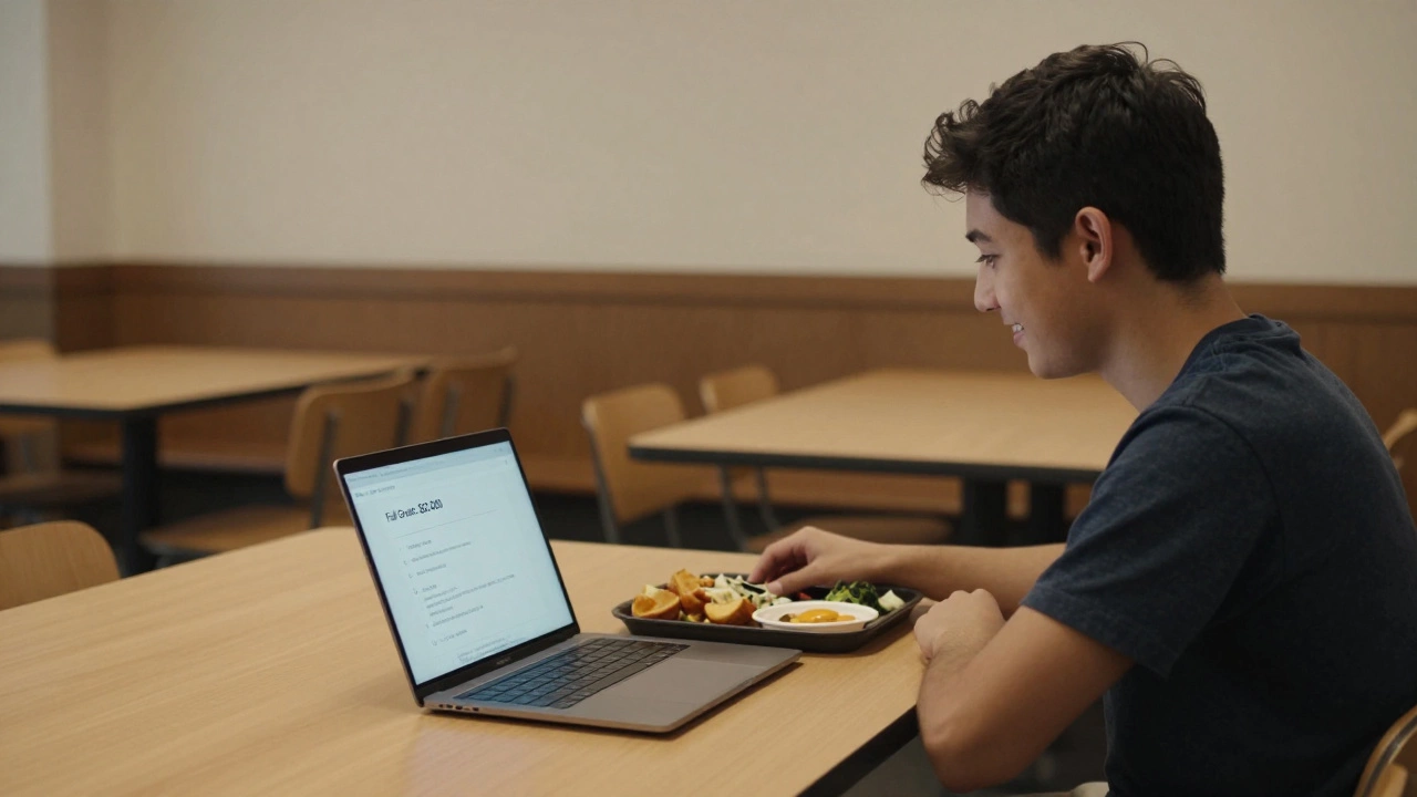Princeton student at a dining table with a financial aid summary on laptop