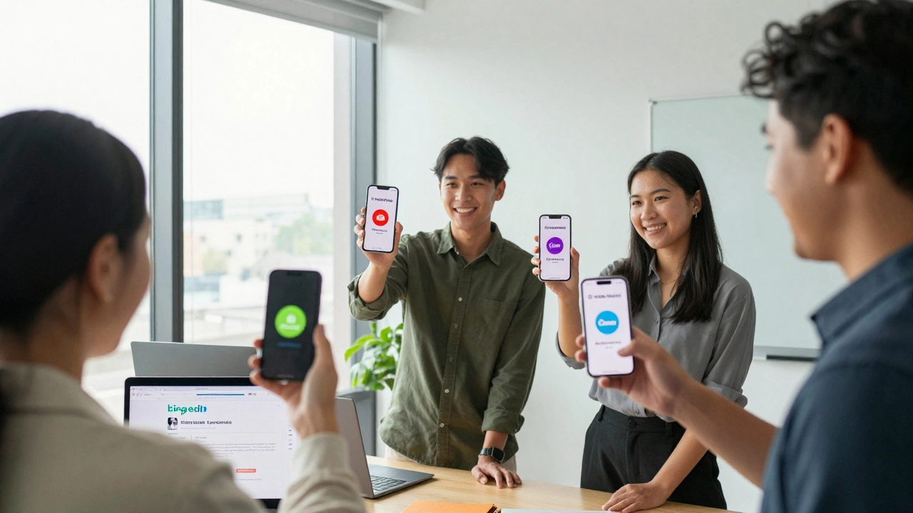 Professionals showing verified digital certification badges on their smartphones in an office.