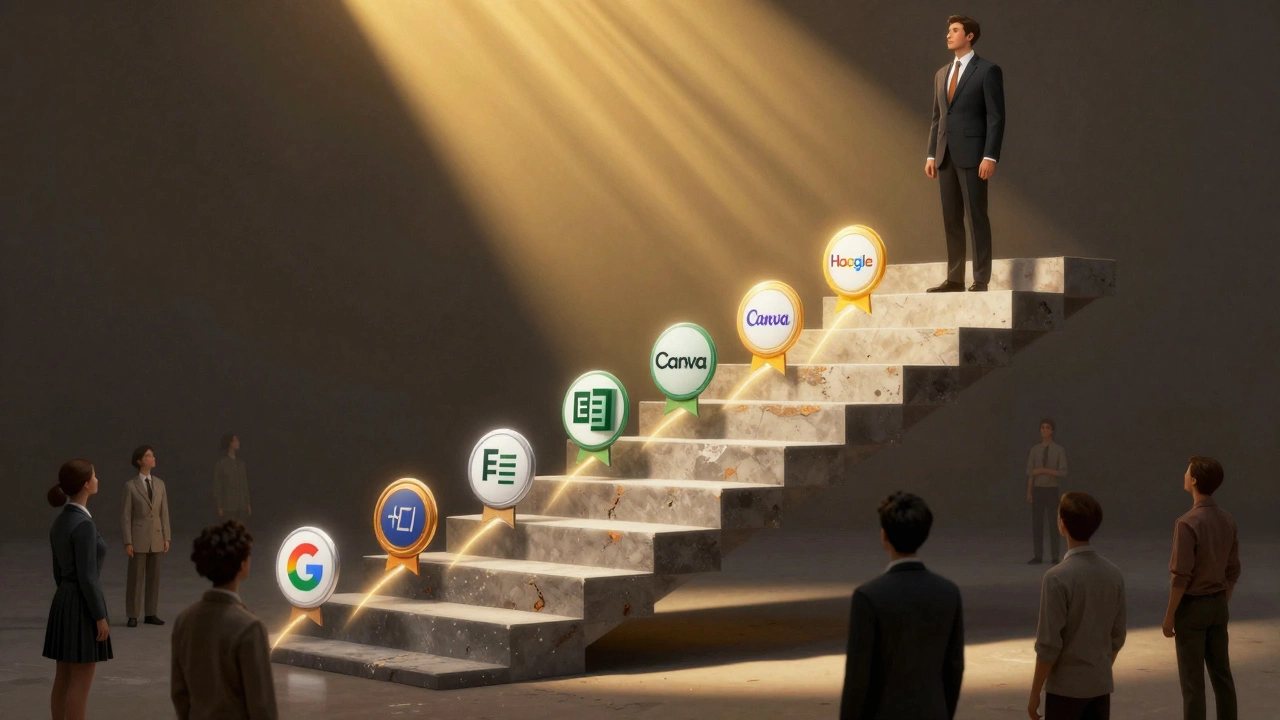 Staircase of floating certification badges leading from casual clothes to professional attire.