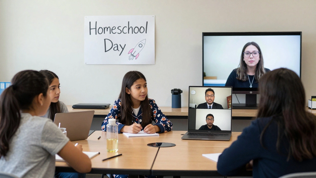 Students in a Zoom class with teacher, one with homeschool sign in background.