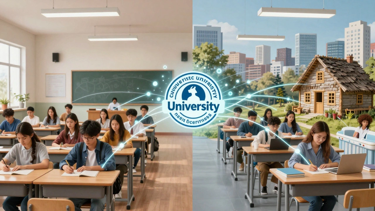 Two paths side by side: traditional classroom and diverse remote learners connected by digital links to a university.
