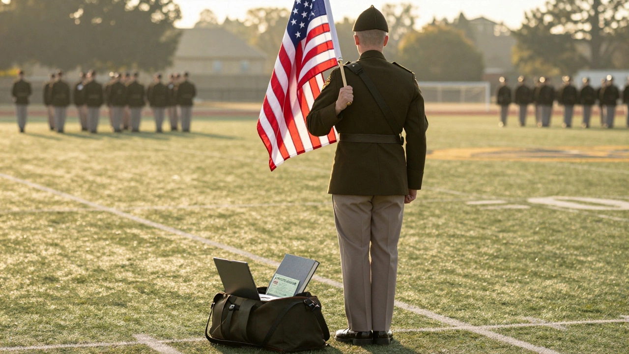 West Point cadet on parade ground with duffel bag open showing stipend items