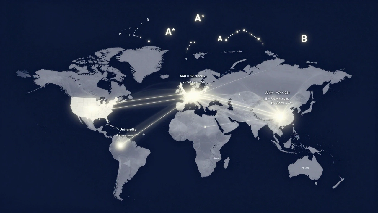 A global map with glowing links from UK A Levels to universities in the US, Australia, and Canada.
