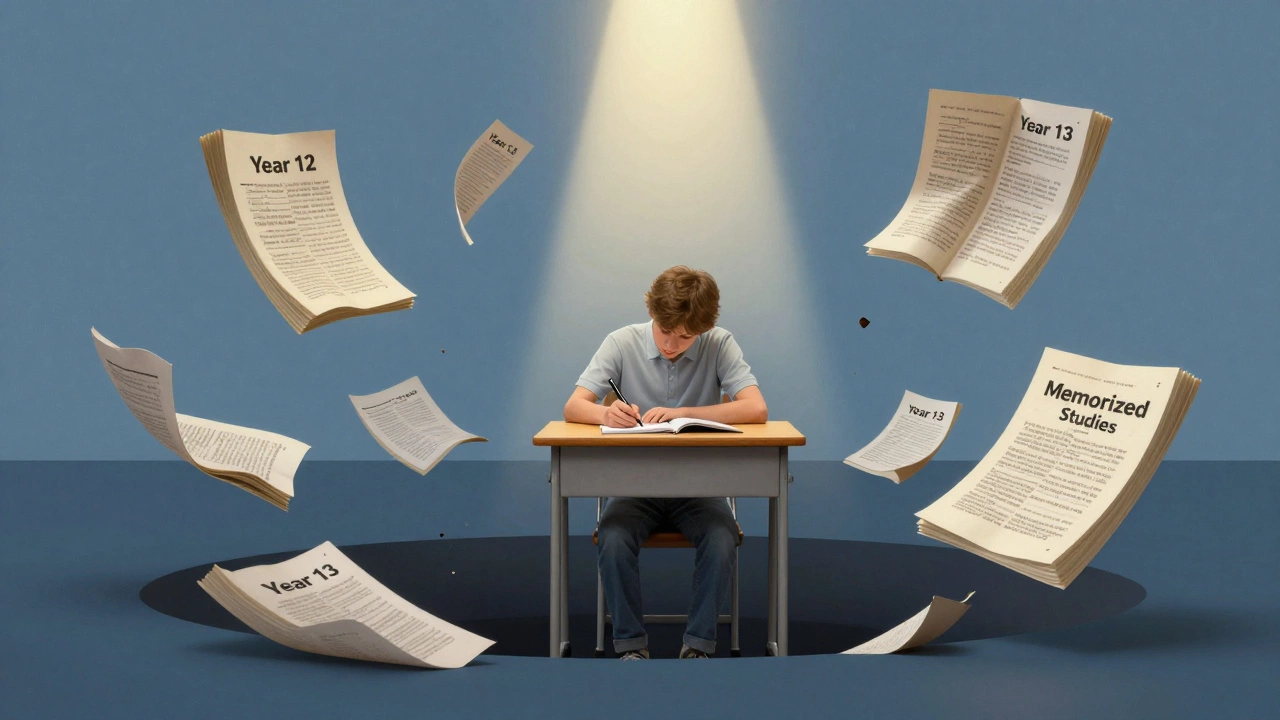 A lone student writing an exam as knowledge from two years collapses around them, with light focused on their pen.