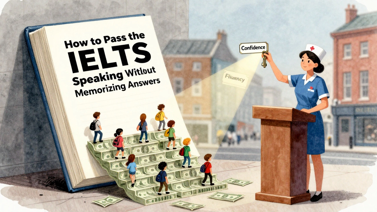A nurse standing beside a book with students climbing dollar stairs toward confidence