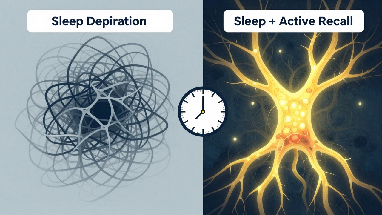A scientific comparison of brain activity under sleep deprivation versus rest and active recall.