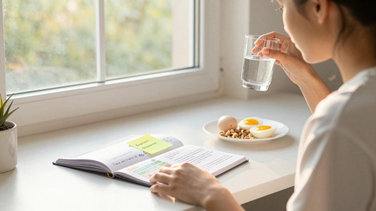 A student reviewing key concepts calmly in the morning sunlight with a healthy breakfast.